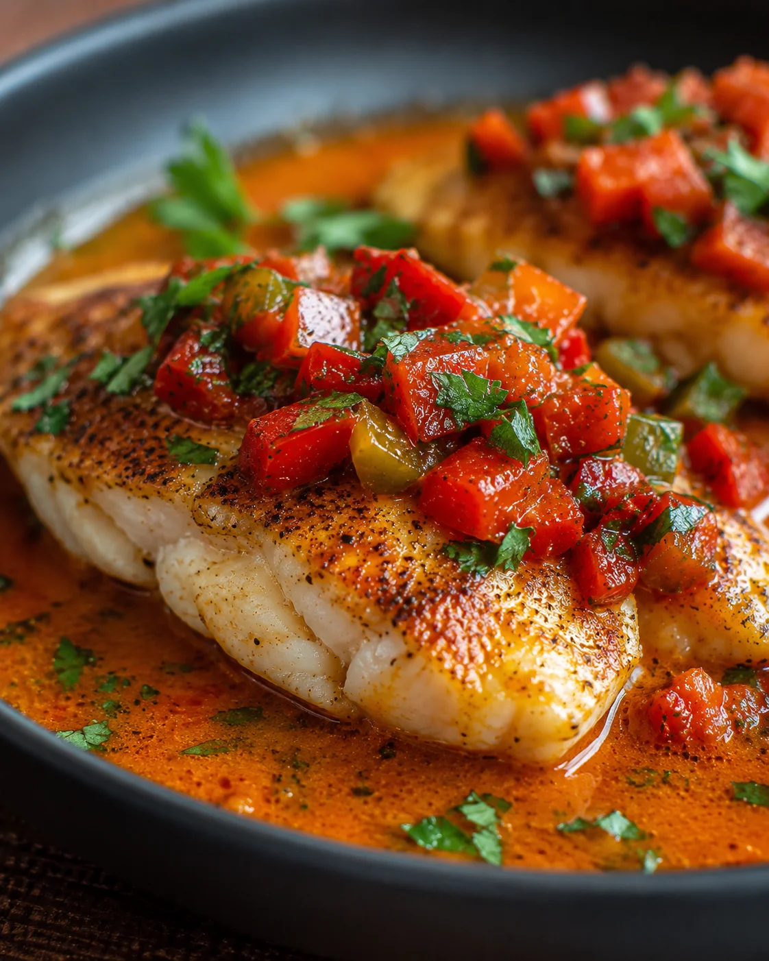 Savory Tilapia with Roasted Pepper Sauce Delicious tilapia topped with vibrant roasted pepper sauce on a skillet