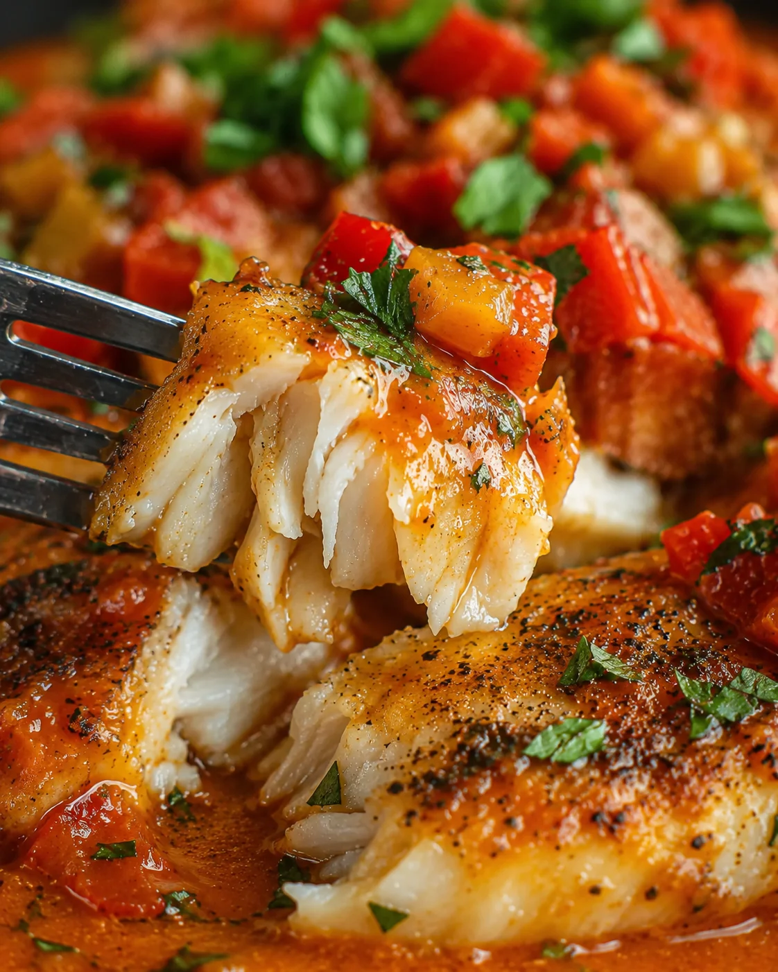 Savory Tilapia in Roasted Pepper Sauce Delicious tilapia fillet with roasted red pepper sauce and fresh herbs