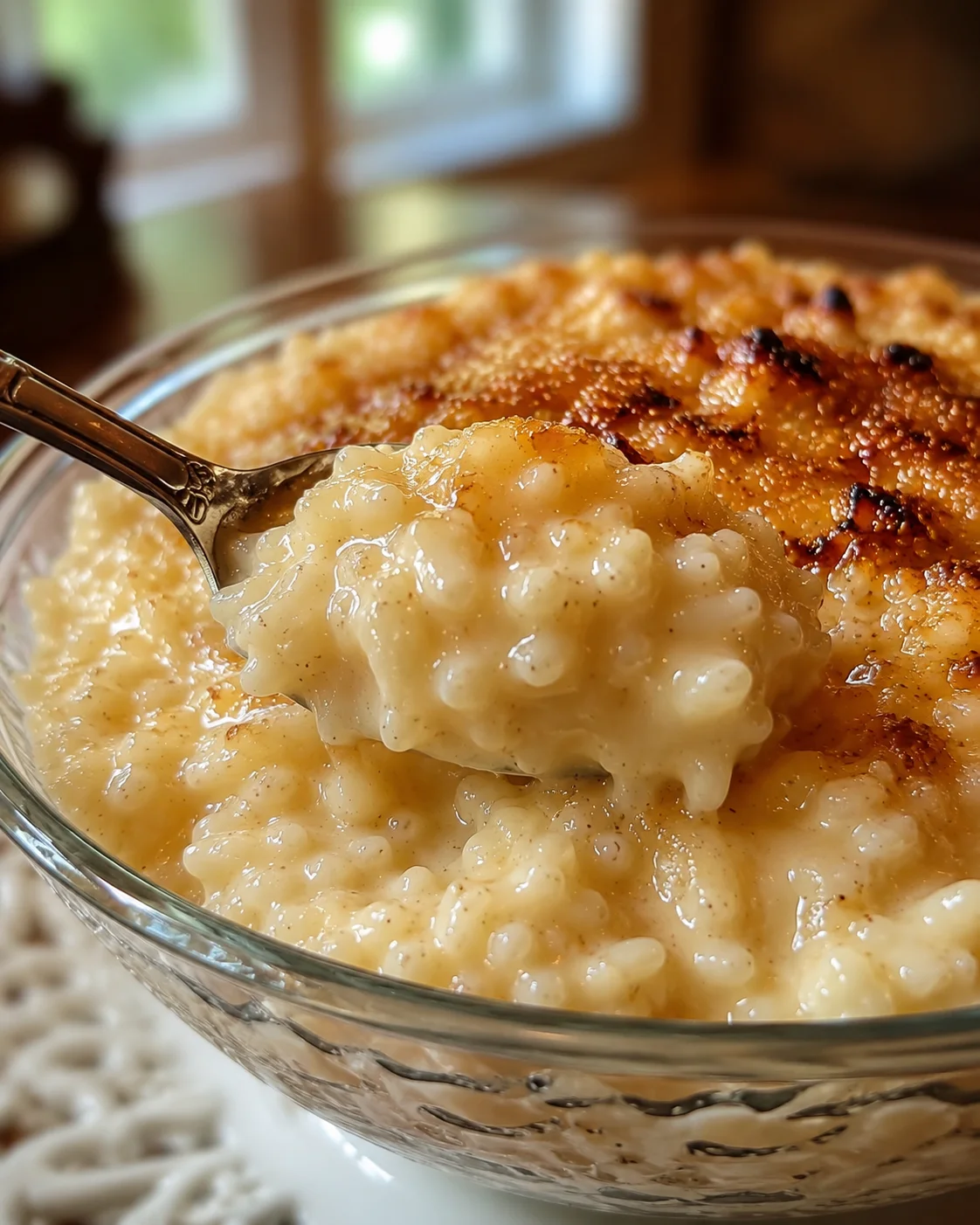 Old Fashioned Rice Pudding Creamy, cozy rice pudding topped with warm spices and raisins in a glass bowl.