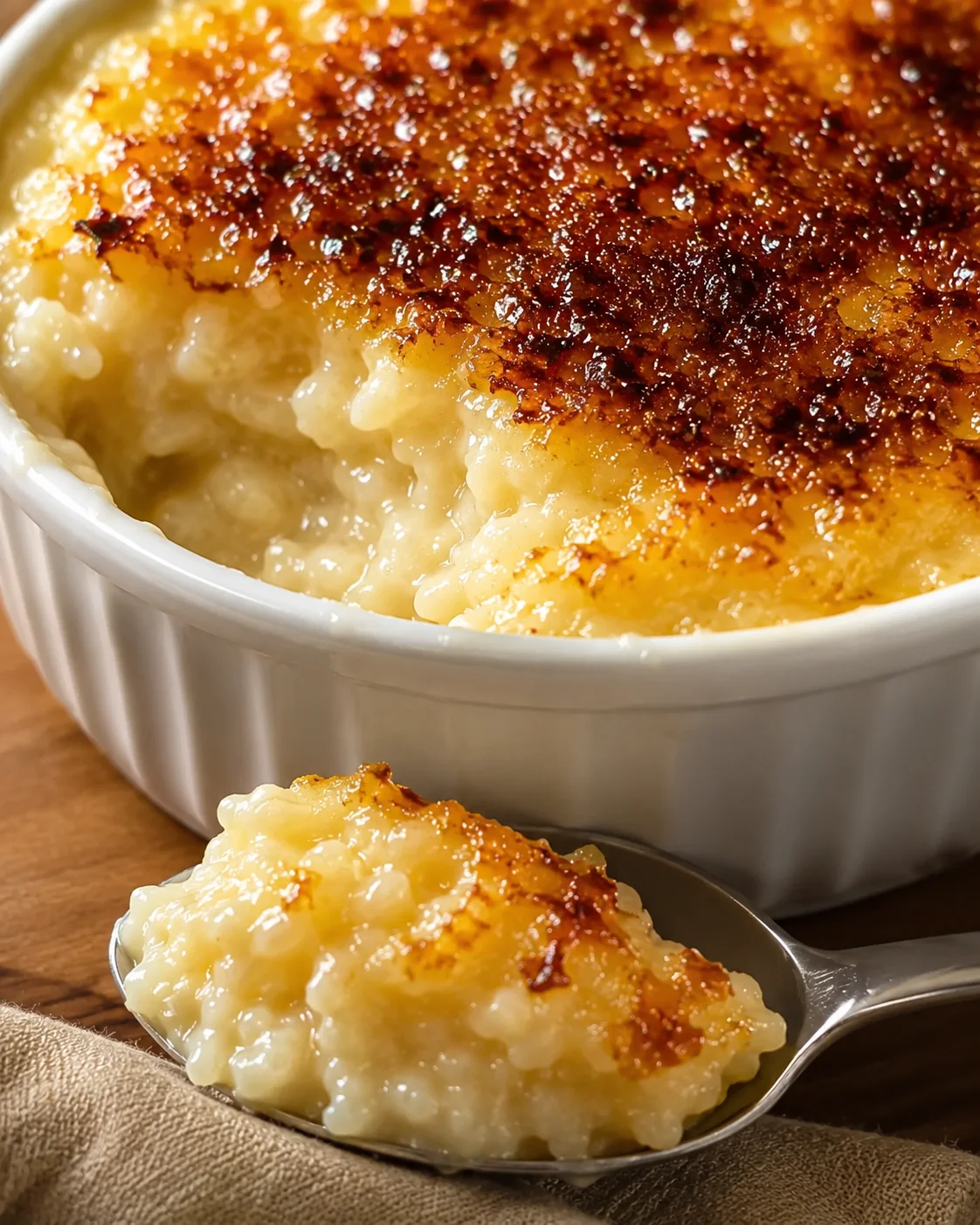 Creamy Baked Rice Pudding Golden topped baked rice pudding with creamy, velvety texture served in a white ramekin.