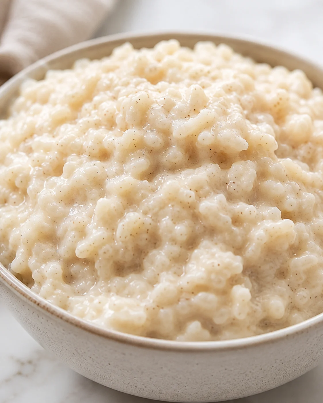 Close-up of a spoonful of creamy rice pudding in a bowl.