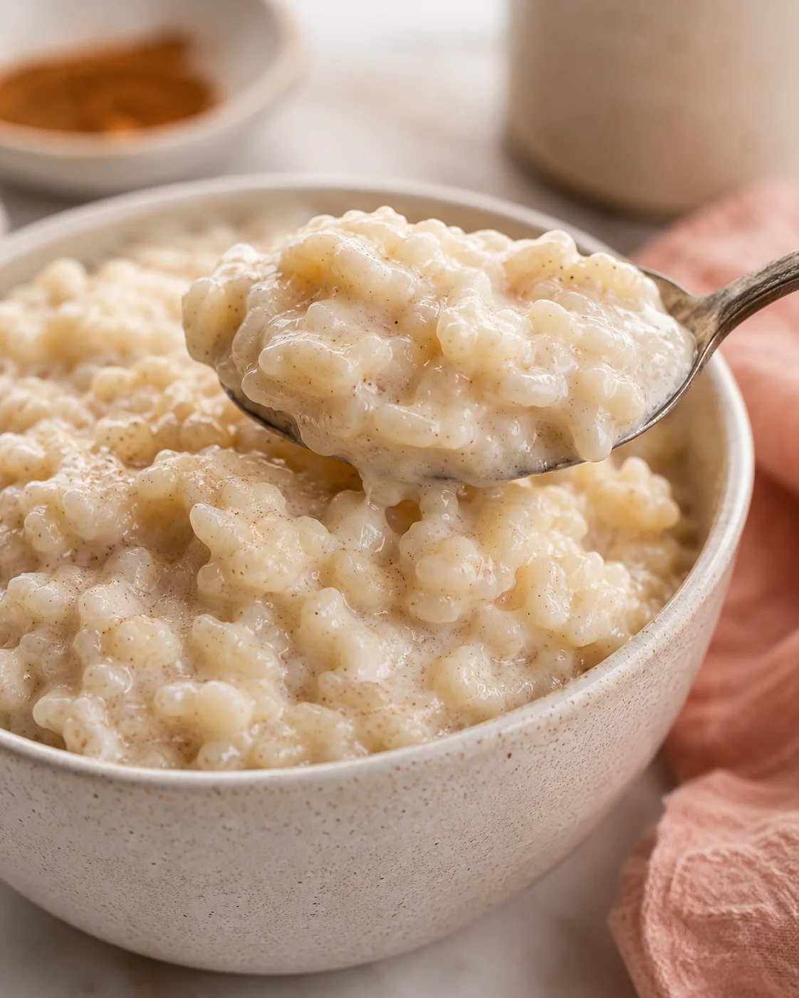 Close-up of a spoonful of creamy rice pudding in a white bowl.