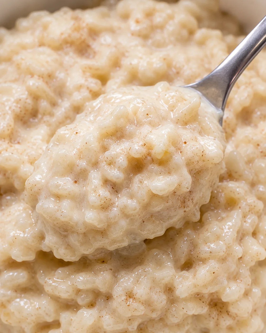 Close-up of luscious, creamy rice pudding with a spoonful ready to serve