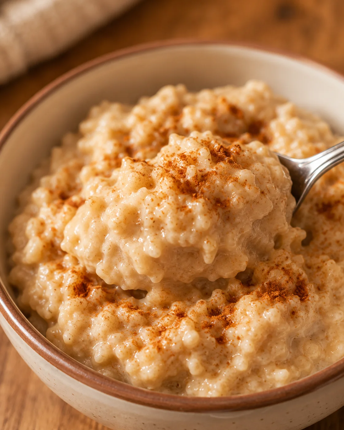 Low Calorie Rice Pudding Creamy low calorie rice pudding served in a bowl with sprinkle of cinnamon.