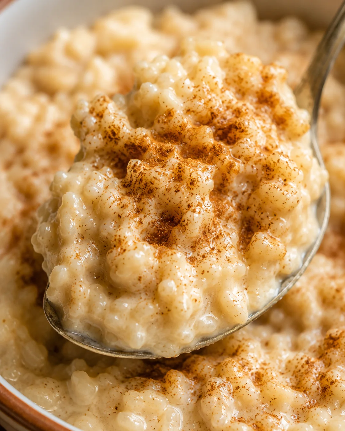 Low Calorie Rice Pudding Creamy, low-calorie rice pudding topped with cinnamon in a bowl.