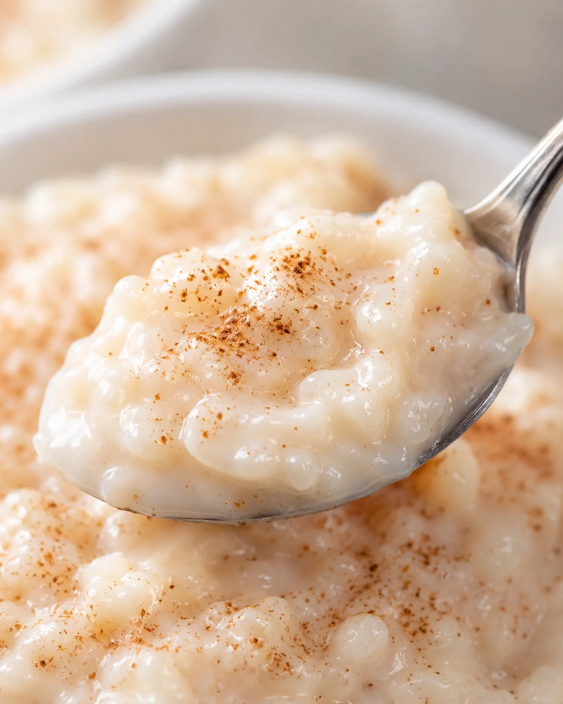 Creamy Almond Milk Rice Pudding A spoonful of almond milk rice pudding topped with cinnamon powder.