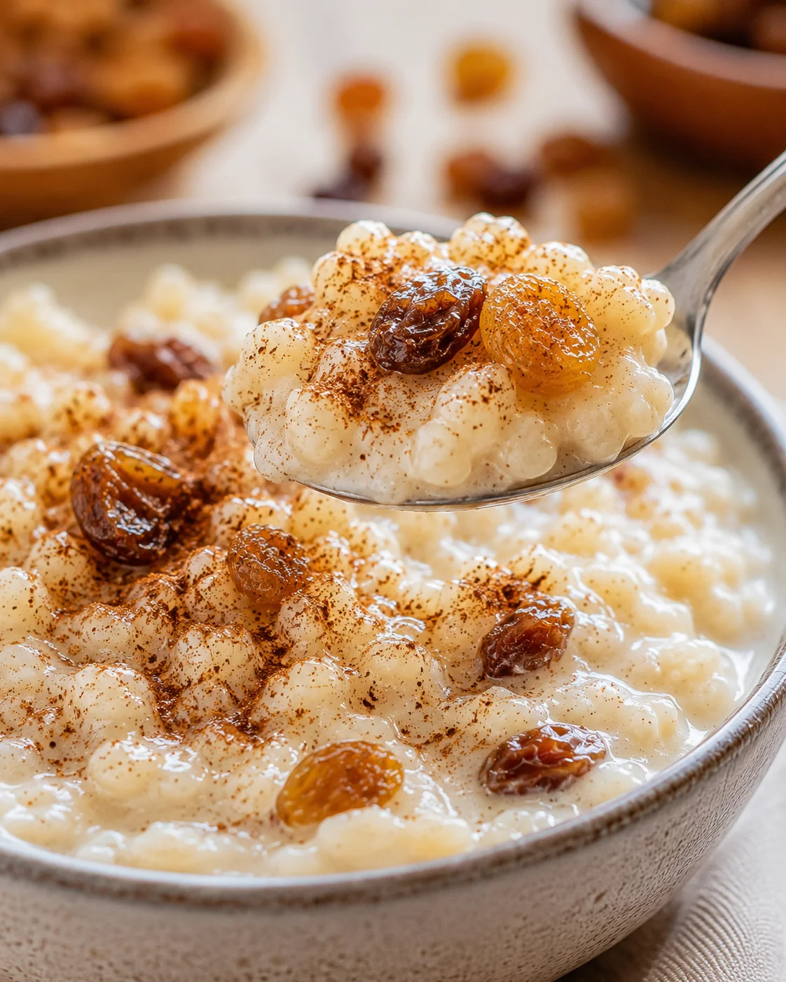 Creamy Rice Pudding with Raisins Close-up of a spoonful of creamy rice pudding topped with raisins and cinnamon.