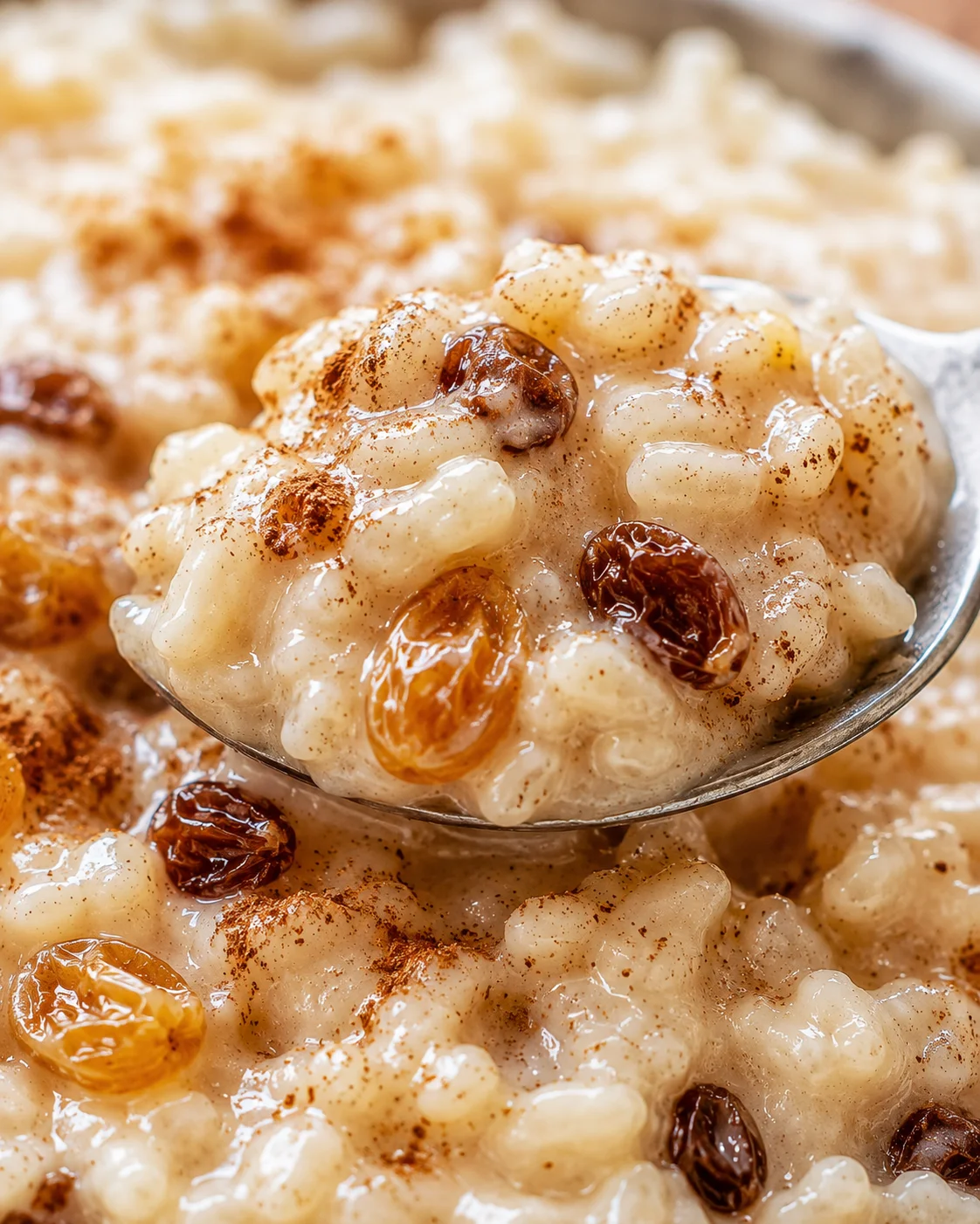 Creamy Rice Pudding with Raisins and Cinnamon Close-up of a spoonful of creamy rice pudding topped with raisins and cinnamon.