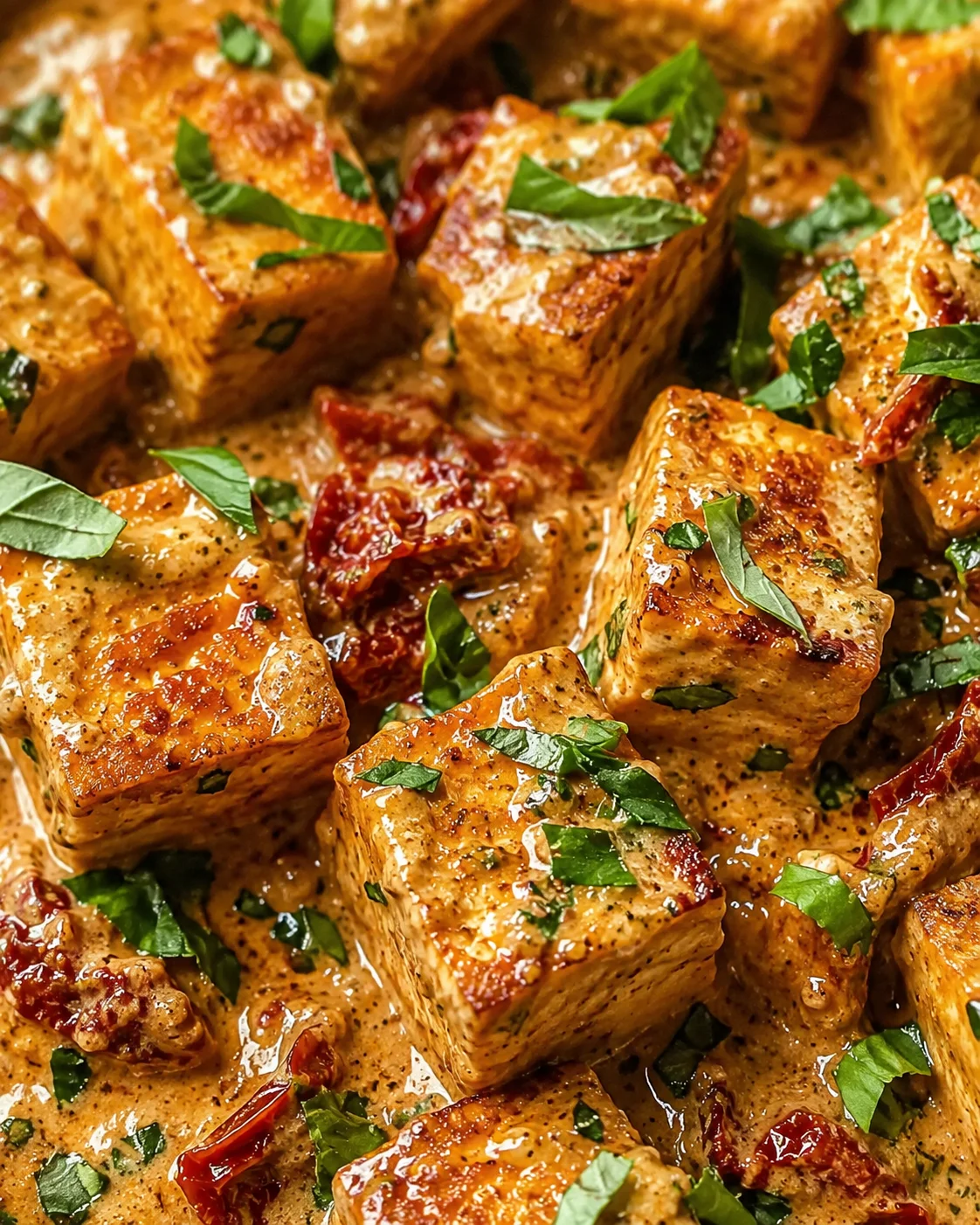 Close-up of crispy tofu cubes in a rich cashew sauce garnished with herbs