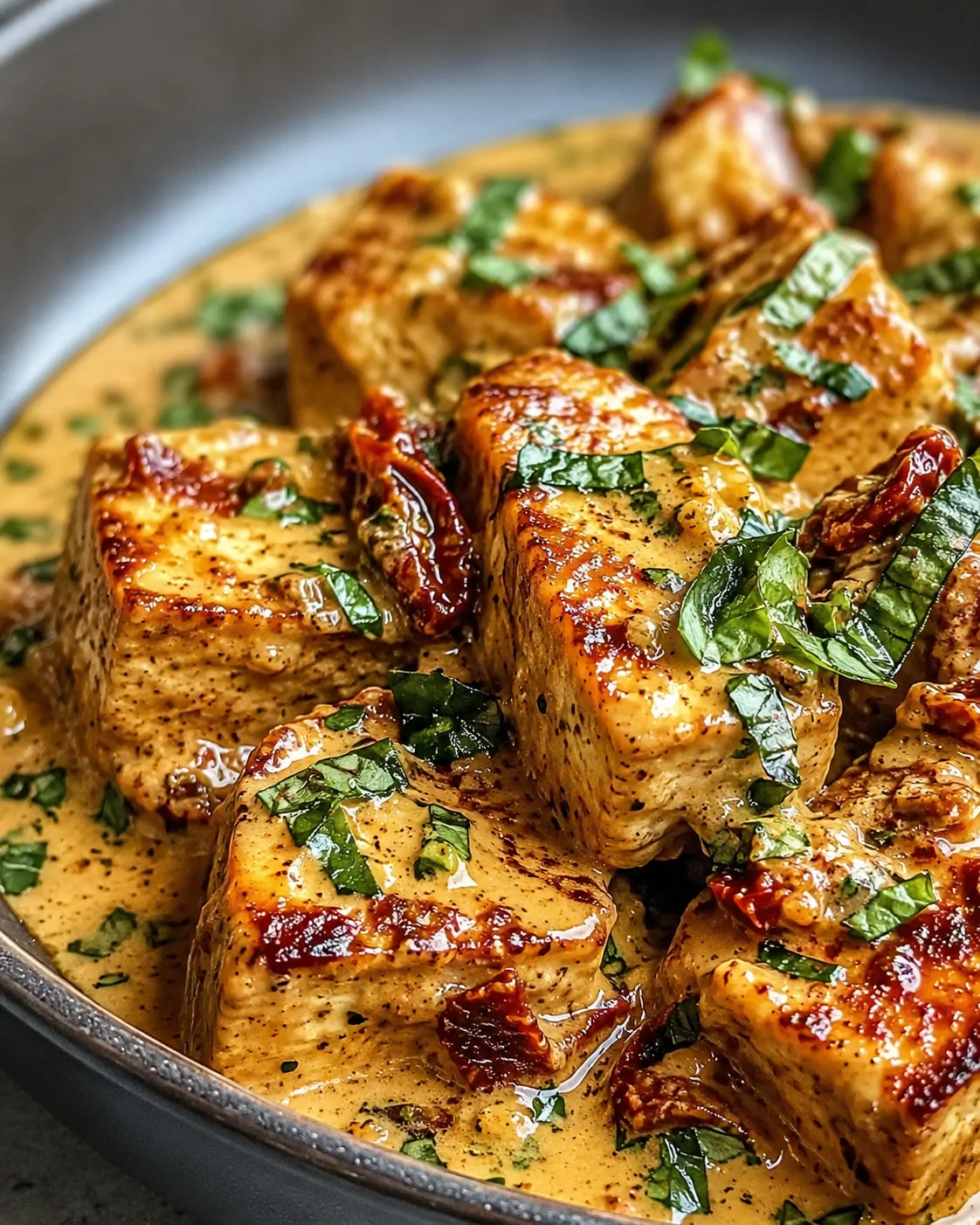 Crispy tofu cubes in a rich cashew sauce garnished with basil and parsley.