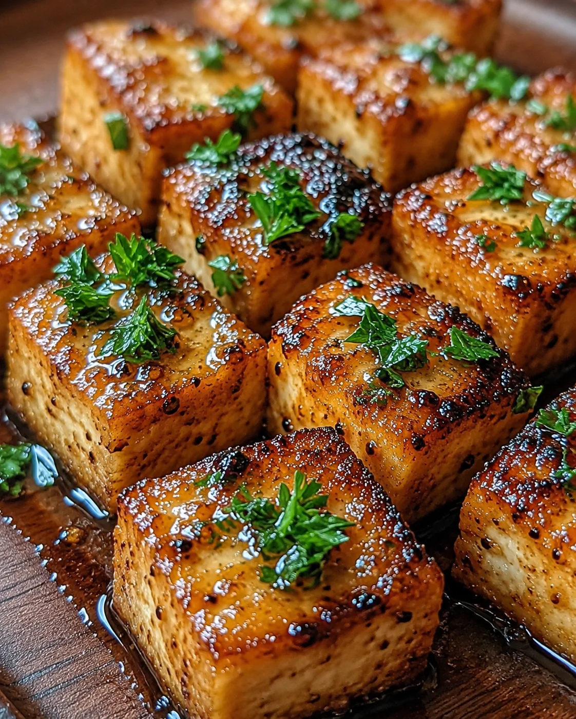 Golden, crispy tofu cubes garnished with fresh parsley on a wooden surface