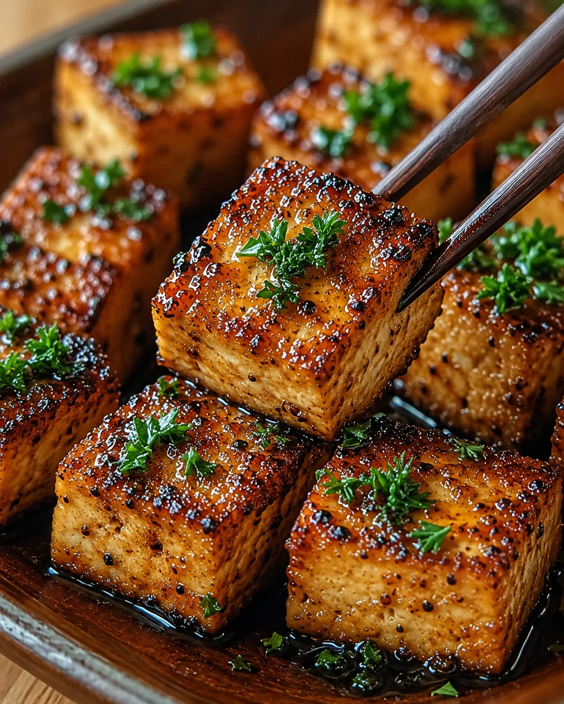 Golden crispy tofu bites with garlic, butter, and green onion garnish