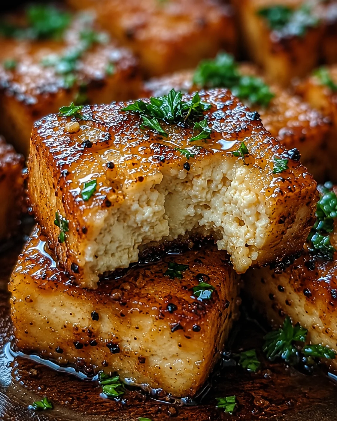 Golden, crispy tofu bites coated in garlic butter sauce with garnished green onions.