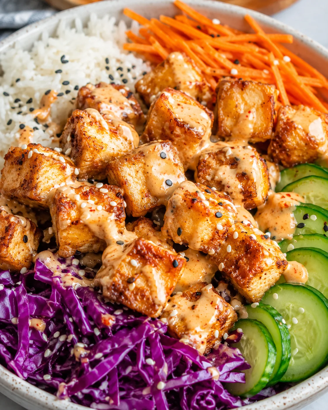 Crispy Bang Bang Tofu Delicious crispy tofu coated in creamy sweet and spicy sauce with fresh vegetables