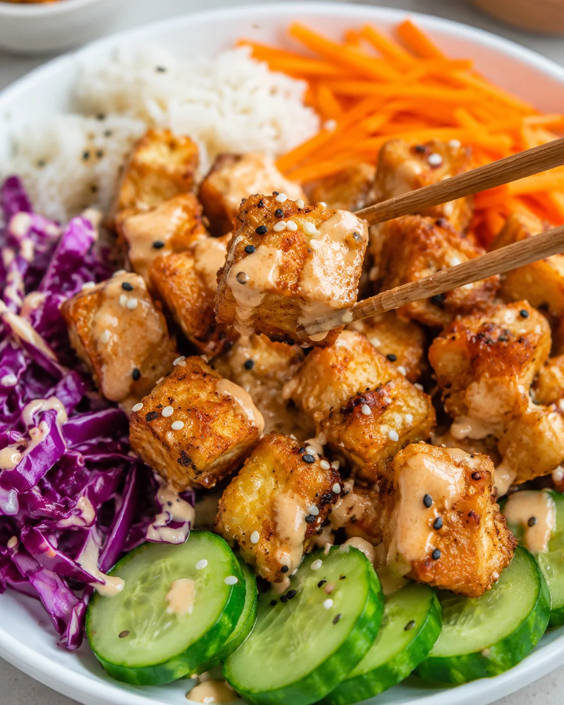 Crispy Bang Bang Tofu Golden crispy tofu with vibrant vegetables and creamy sauce on a white plate.
