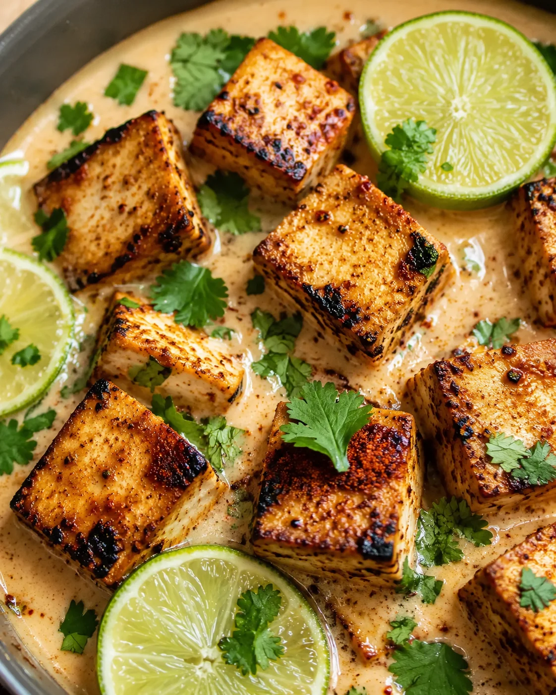 Crispy tofu in creamy coconut lime sauce garnished with lime and cilantro