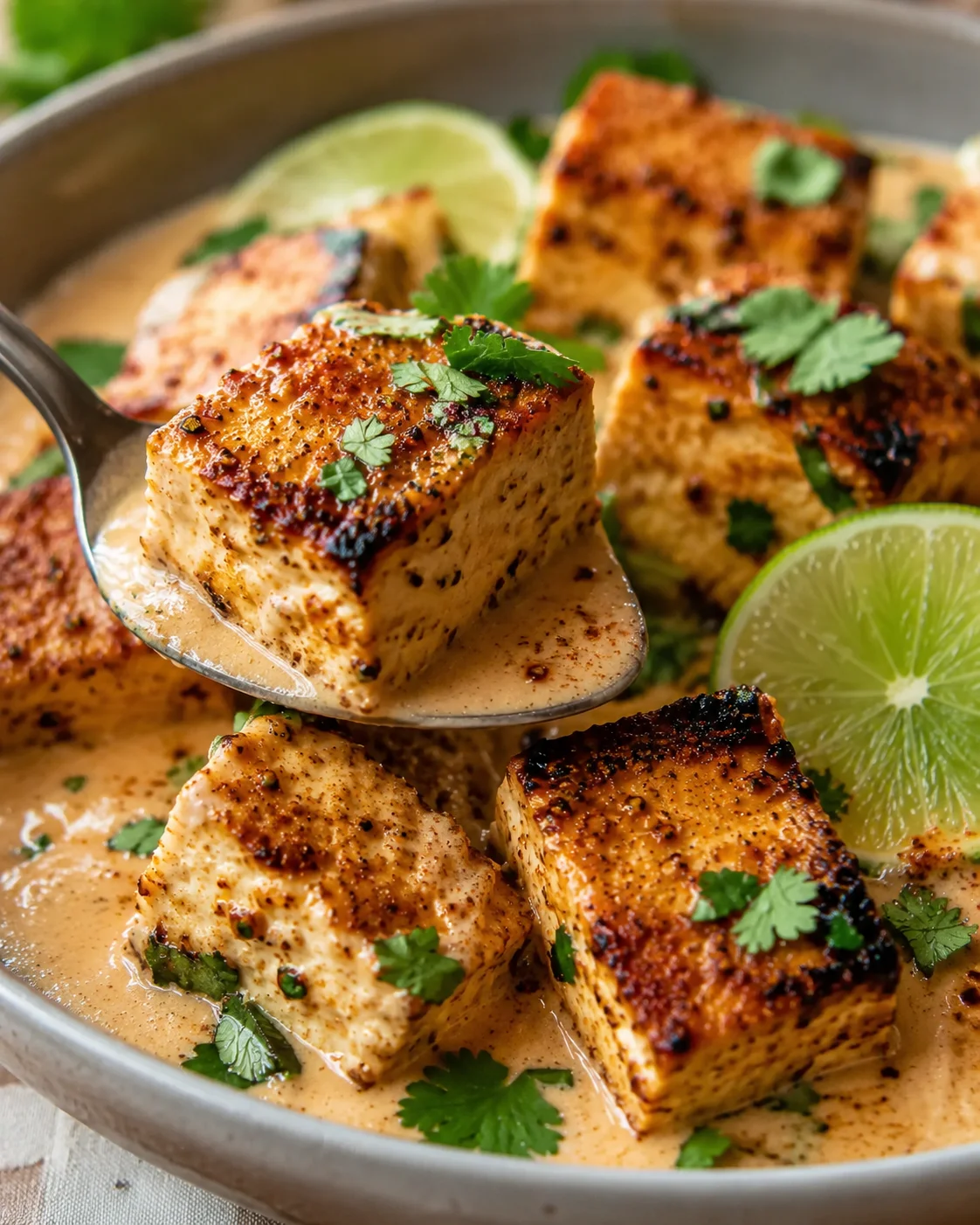 Crispy tofu served in a creamy coconut lime sauce garnished with cilantro and lime slices
