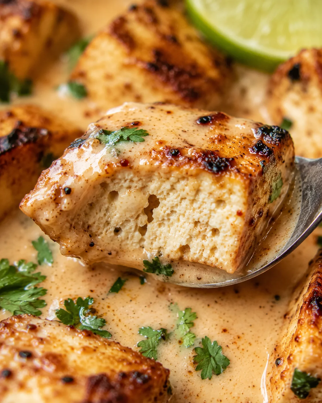 Close-up of crispy tofu in creamy coconut lime sauce garnished with cilantro and lime.