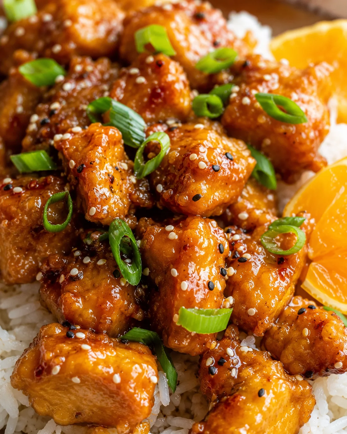 Close-up of crispy orange tofu with green onions and orange slices on rice