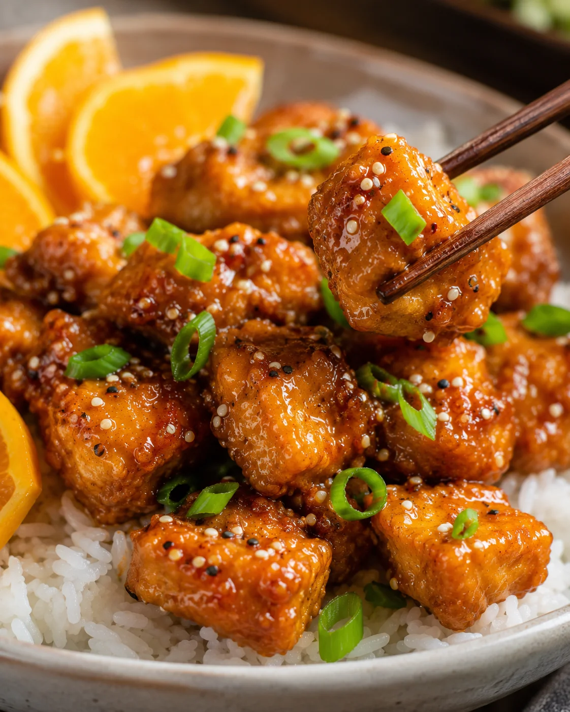Close-up of crispy tofu cubes coated in orange sauce with green onions and orange slices