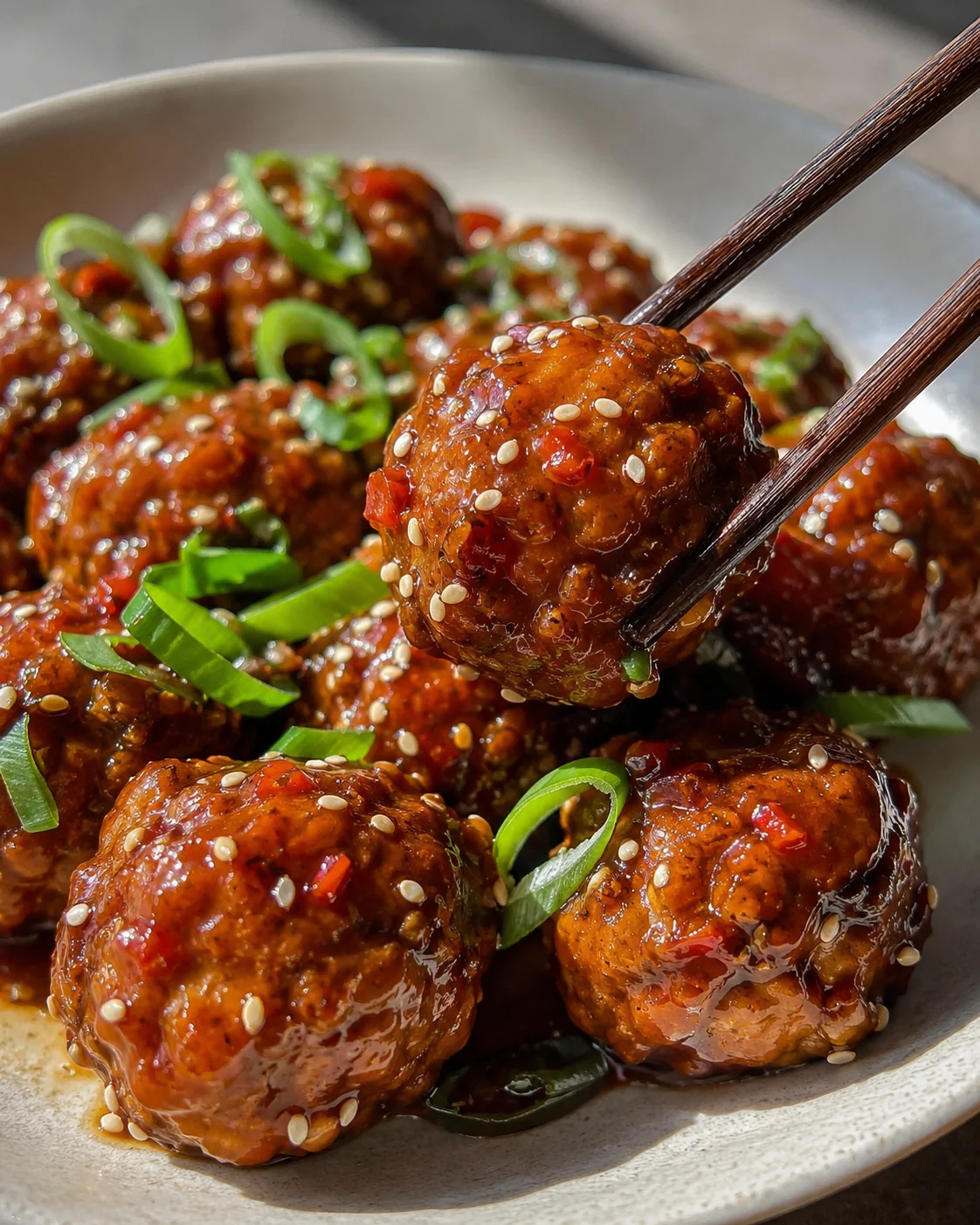 Close-up of sticky soy garlic tofu balls garnished with green onions and sesame seeds.