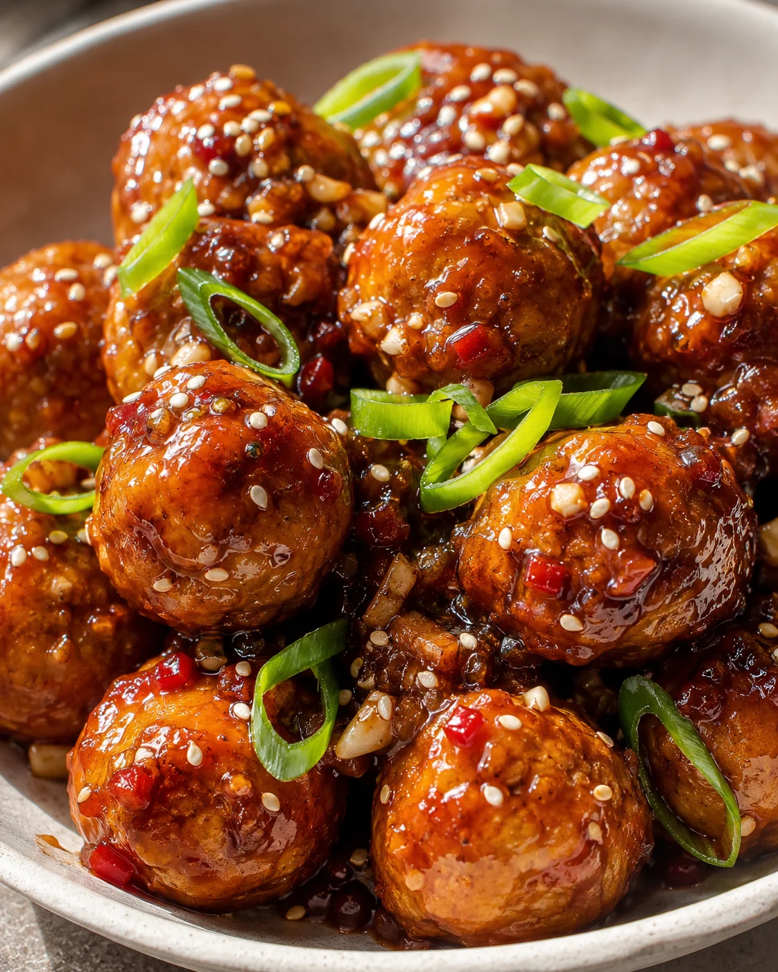 Close-up of sticky soy garlic tofu balls garnished with green onions in a bowl
