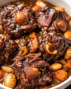 Tender, flavorful Jamaican oxtails served in a rich sauce with vegetables.