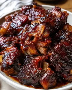 Glossy pork belly pieces in dark glaze with onion bits in a white bowl