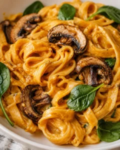 Creamy pasta in orange sauce with sautéed mushrooms and spinach in a white bowl.