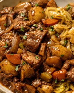 glossy braised beef with potatoes, carrots, and onions in a dark sauce garnished with parsley