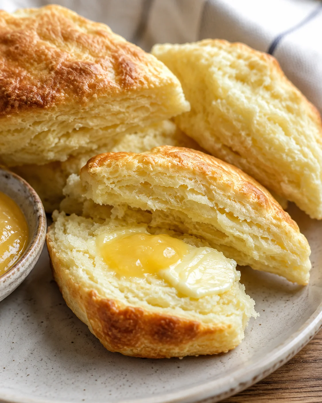 Buttermilk scone split open with butter and lemon curd on a plate
