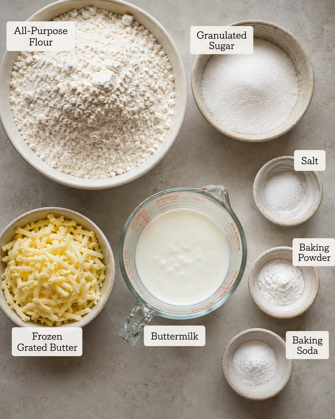 Top-down arrangement of ingredients for buttermilk scones including flour, grated frozen butter, buttermilk, sugar, and leavening