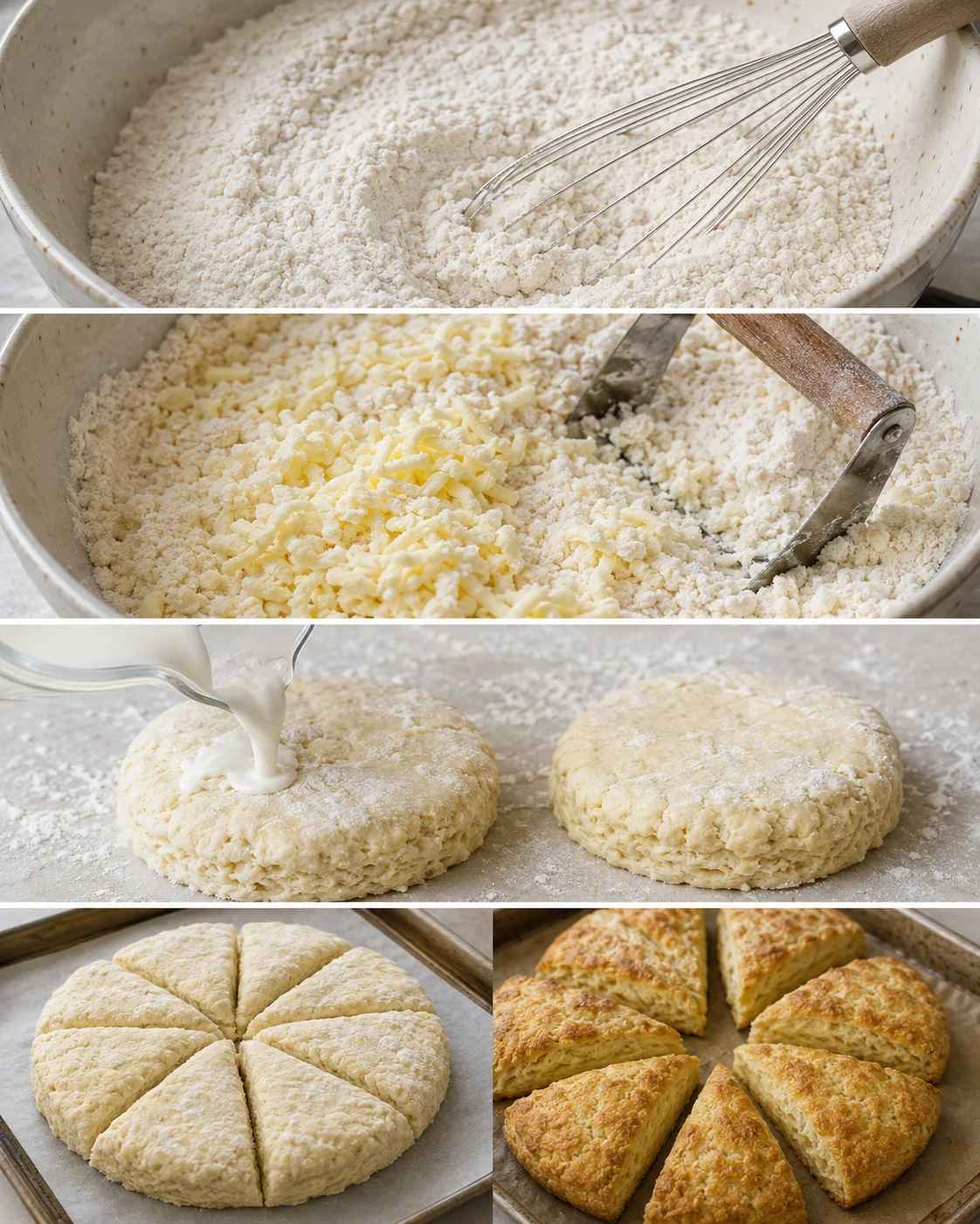 Collage showing scone preparation steps: mixing, cutting in butter, pouring buttermilk, slicing and baked scones