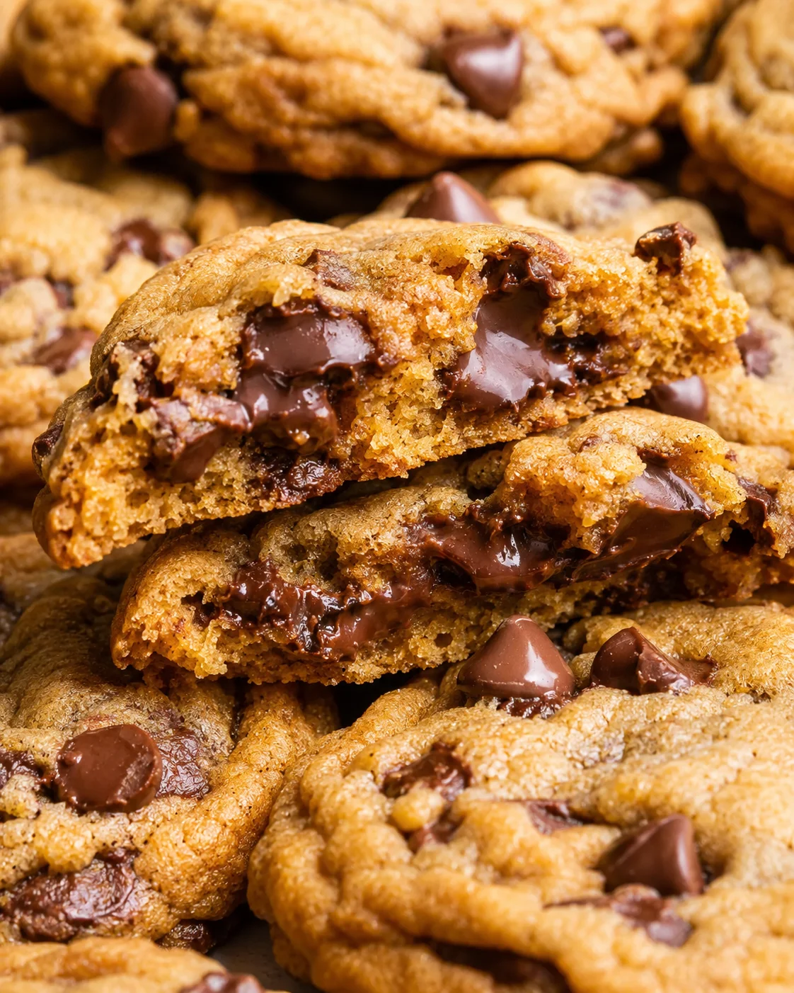Stacked pumpkin chocolate chip cookies showing gooey melted chocolate in the center