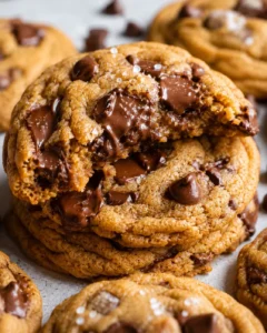 Stack of chewy pumpkin chocolate chip cookies with melted chocolate and flaky salt