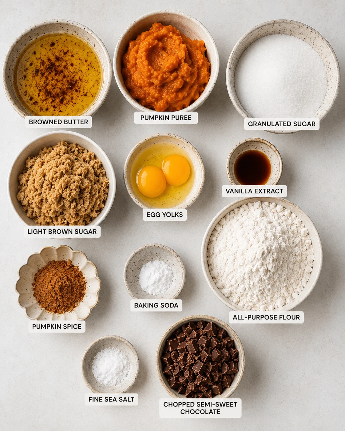 Top-down view of bowls with browned butter, pumpkin puree, sugars, egg yolks, flour, pumpkin spice, salt, and chopped chocolate