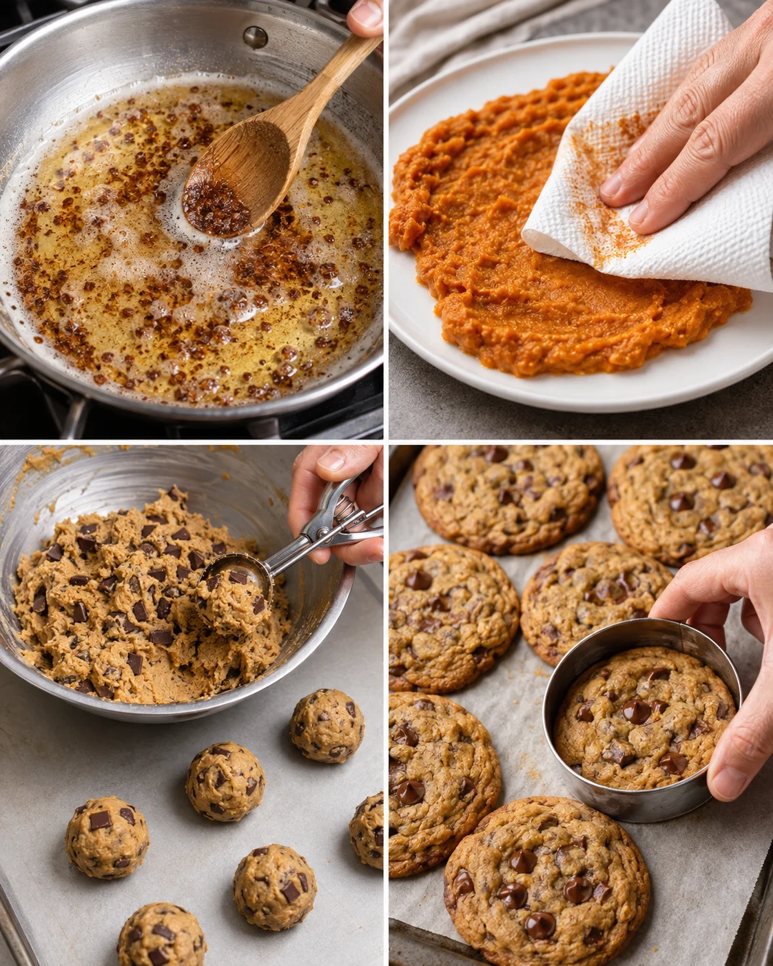 Collage showing browning butter, blotting pumpkin puree, scooping cookie dough, and pressing baked cookies