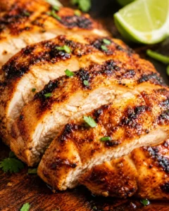 Sliced chili lime chicken with charred spice rub and a lime wedge
