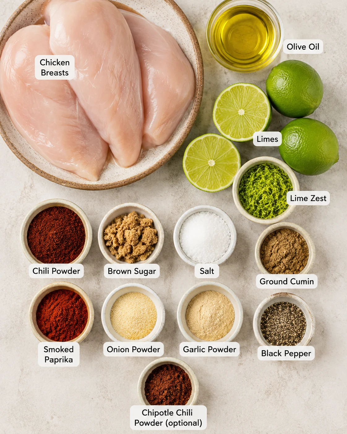 Top-down view of raw chicken breasts with labeled bowls of spices, lime zest, limes, and olive oil