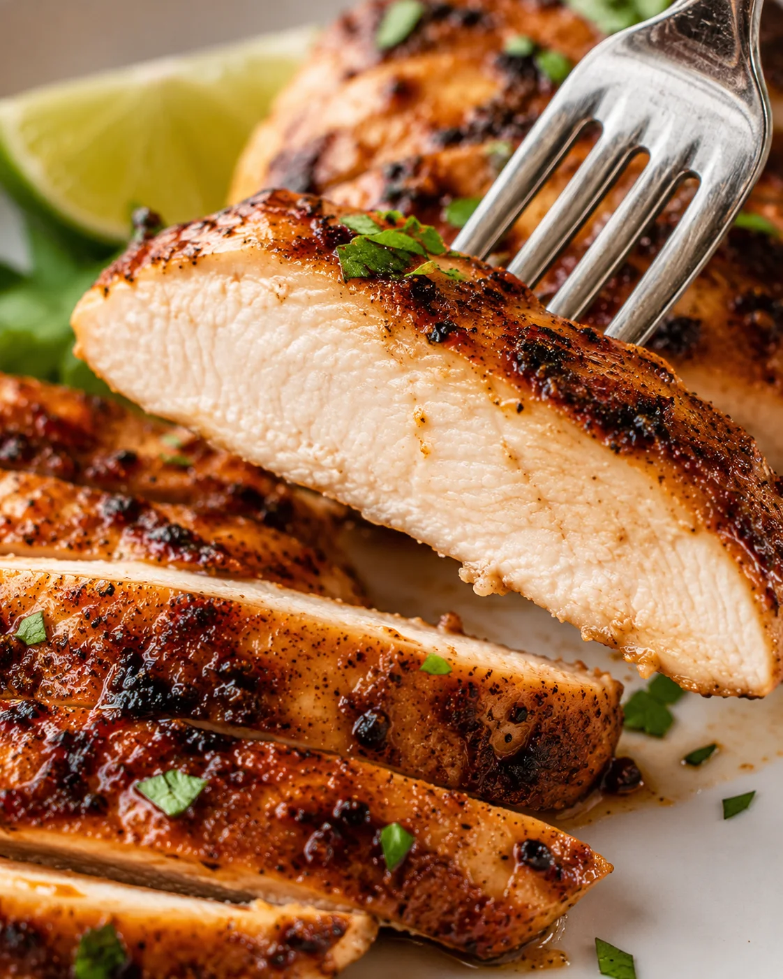 Fork lifting a juicy slice of chili lime chicken showing cooked interior and charred exterior