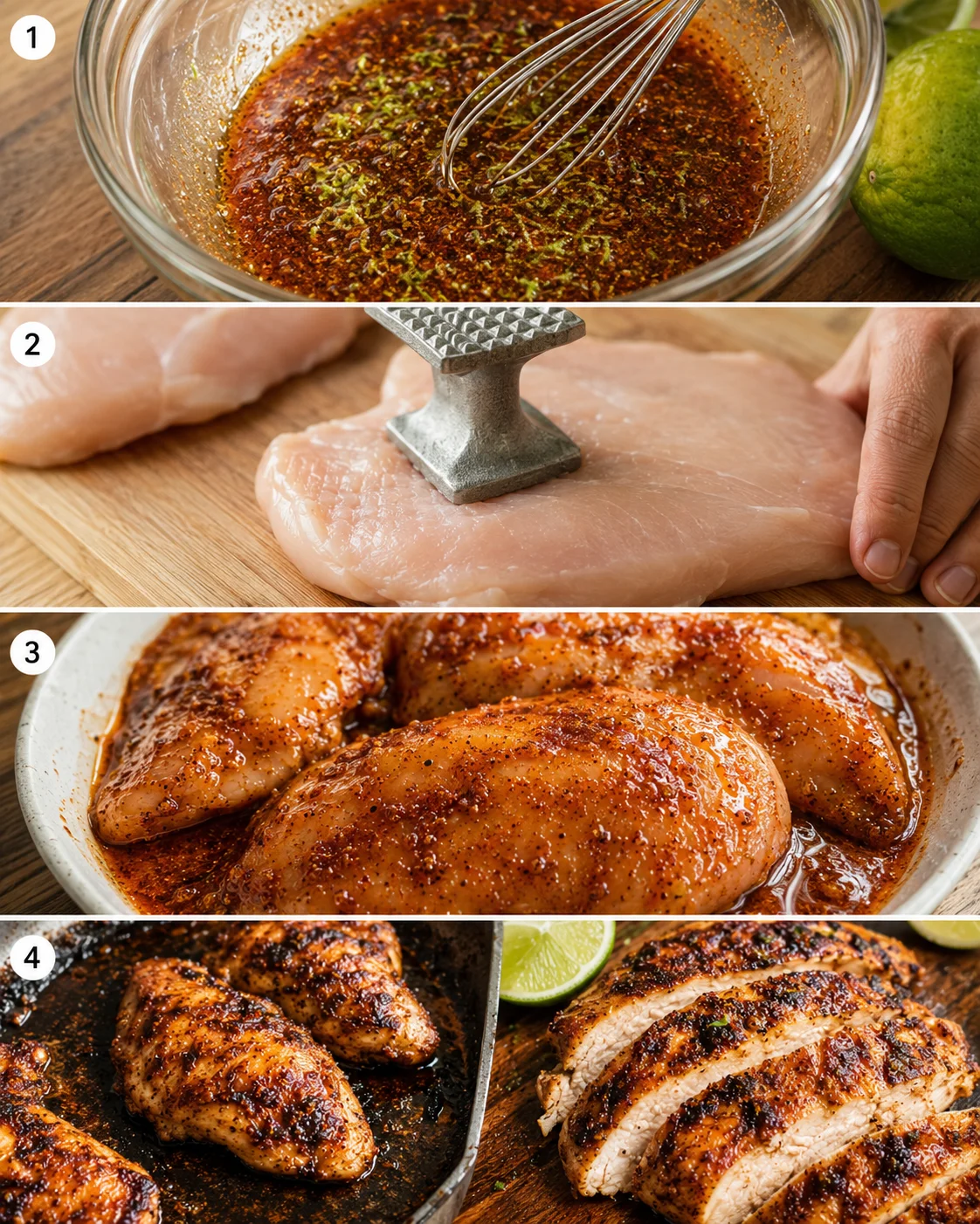 Four-panel collage showing whisked marinade, pounding chicken, chicken marinating in the rub, and cooked chicken in pan and sliced