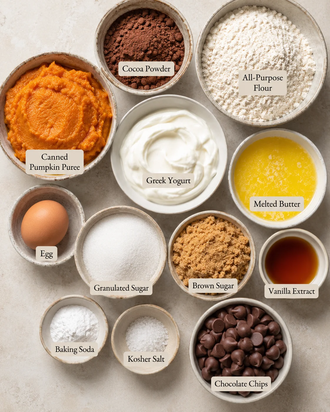 Top-down bowls of canned pumpkin, cocoa powder, flour, yogurt, sugars, egg, butter and chocolate chips labeled as ingredients
