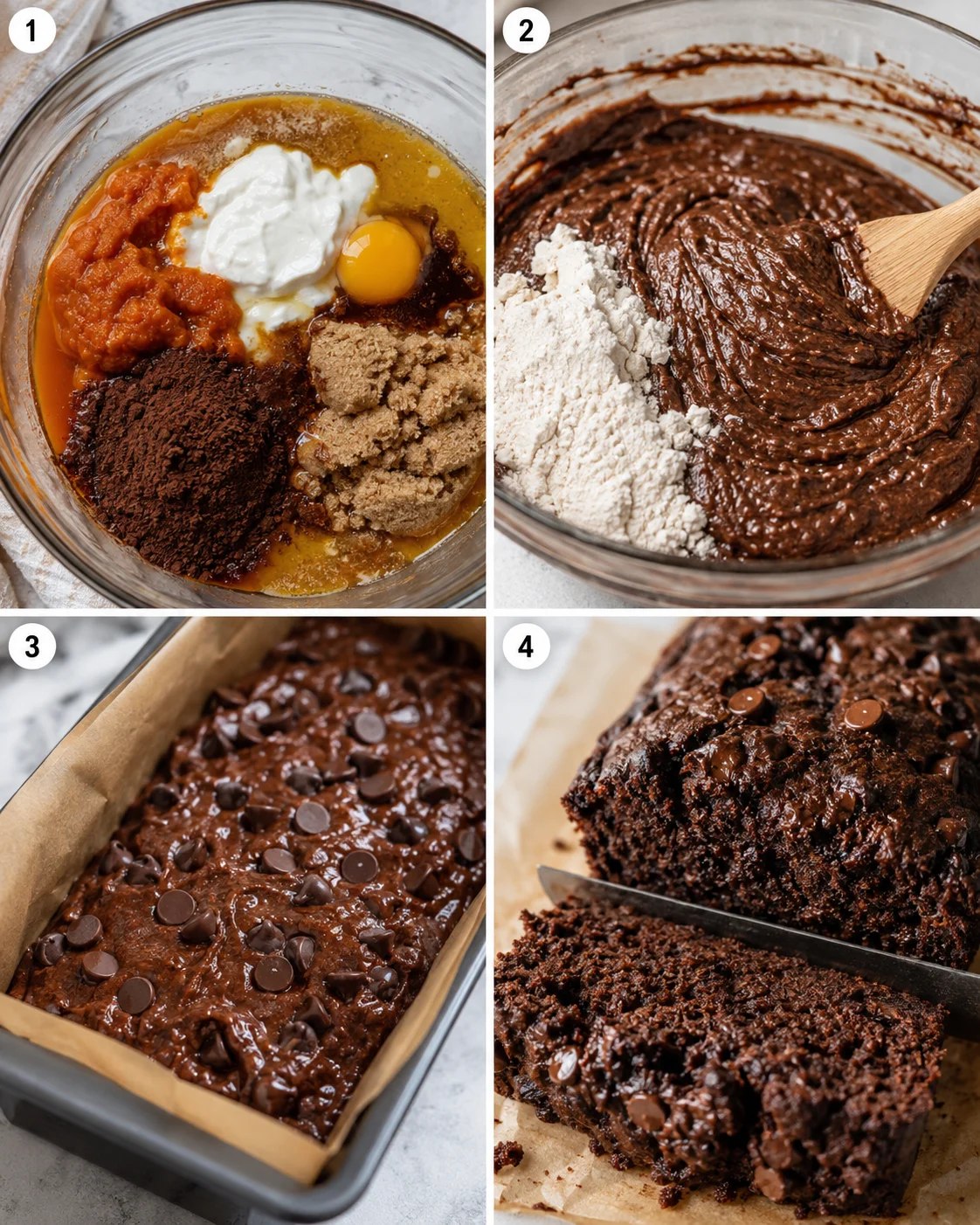 Four-panel collage showing mixing ingredients, stirring batter, batter in a parchment-lined loaf pan, and sliced finished loaf