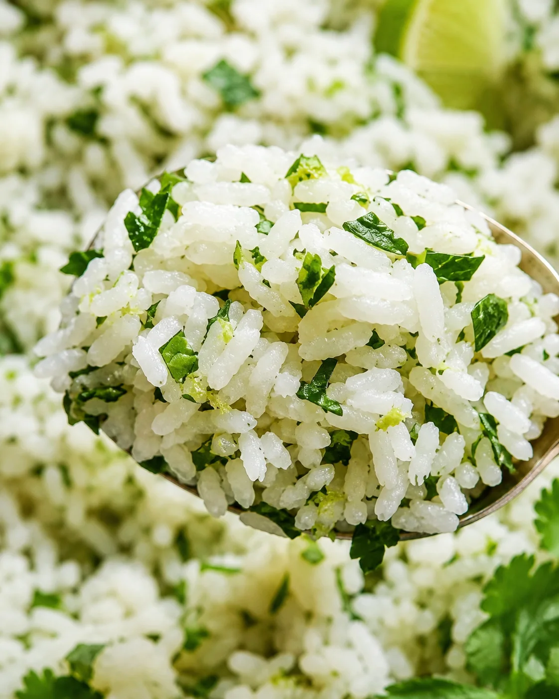 Close-up of cilantro lime rice showing individual grains and chopped cilantro