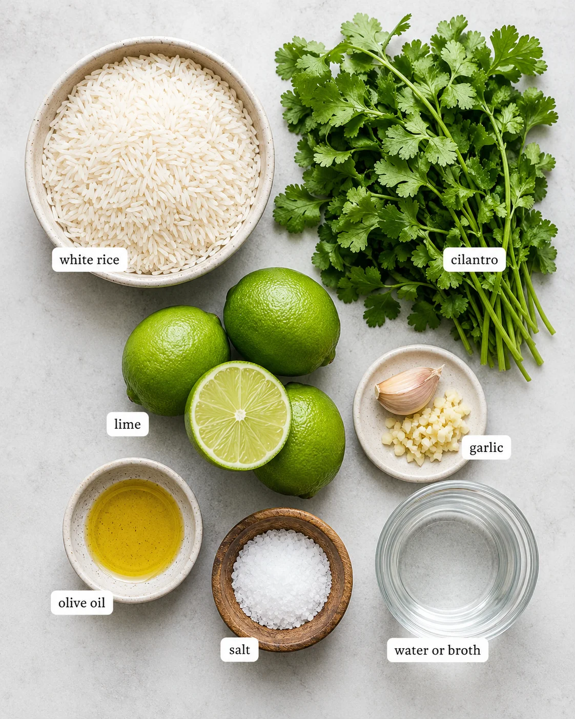 Ingredients laid out for cilantro lime rice including white rice, limes, cilantro, garlic, oil, salt, and water