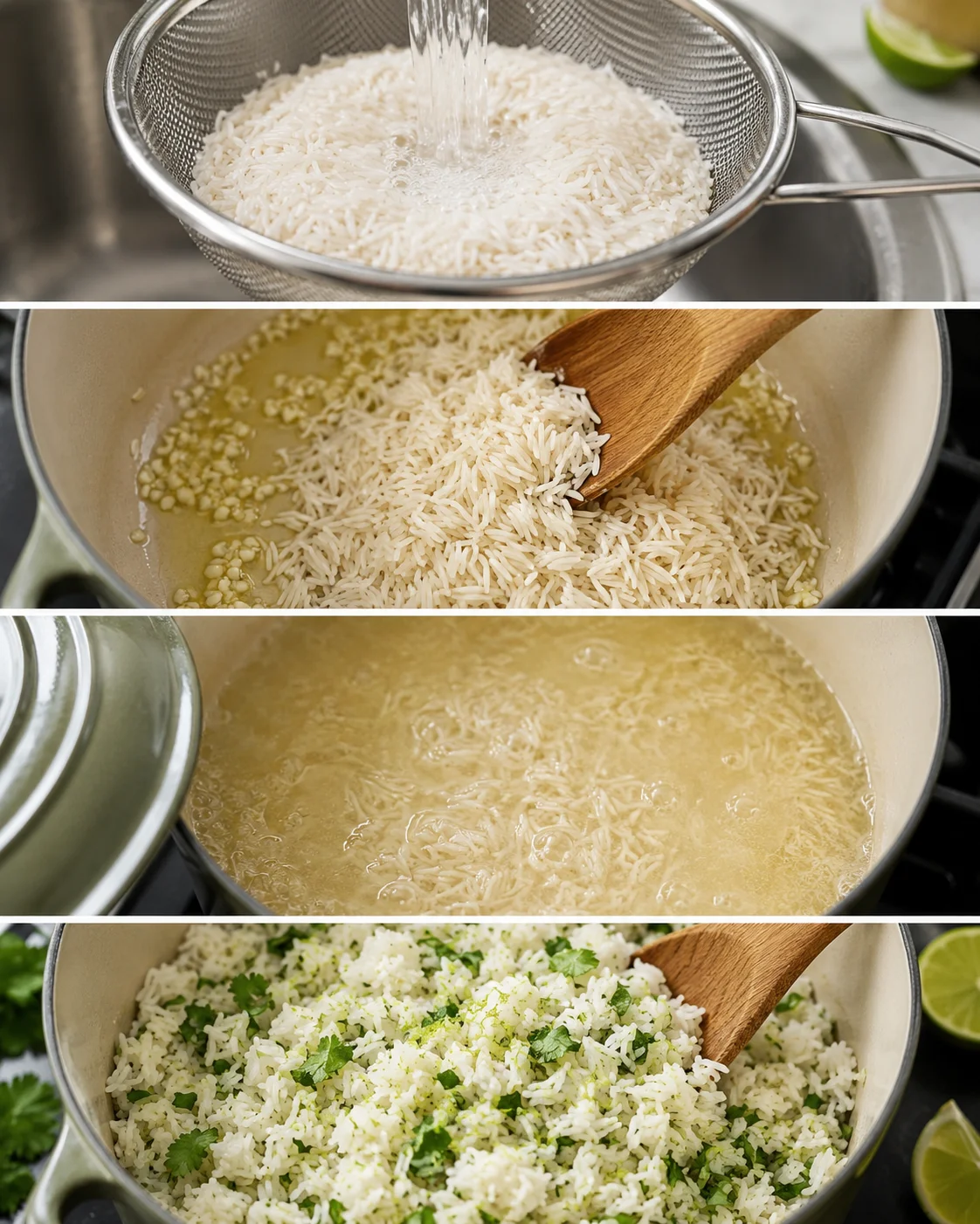 Four-step collage showing rinsing rice, toasting with garlic, simmering, and finished cilantro lime rice in pot