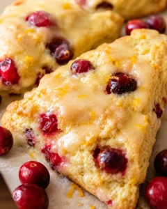 Close-up of a glazed cranberry orange scone showing fresh cranberries and orange zest