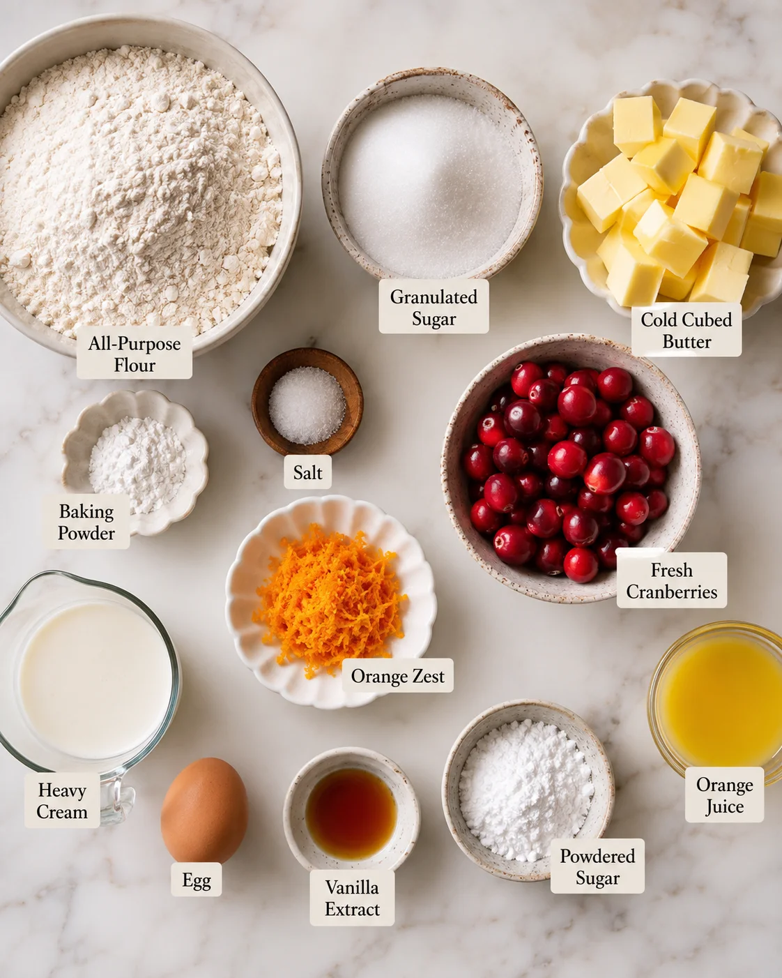 Top-down view of labeled ingredients for cranberry orange scones including flour, sugar, butter, cranberries, orange zest, cream, egg, and powdered sugar