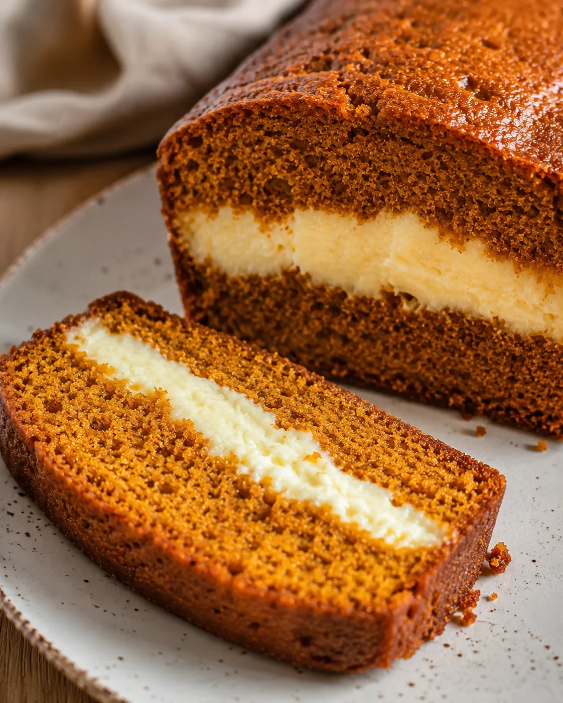 Sliced cream cheese-filled pumpkin bread on a plate with the loaf in the background