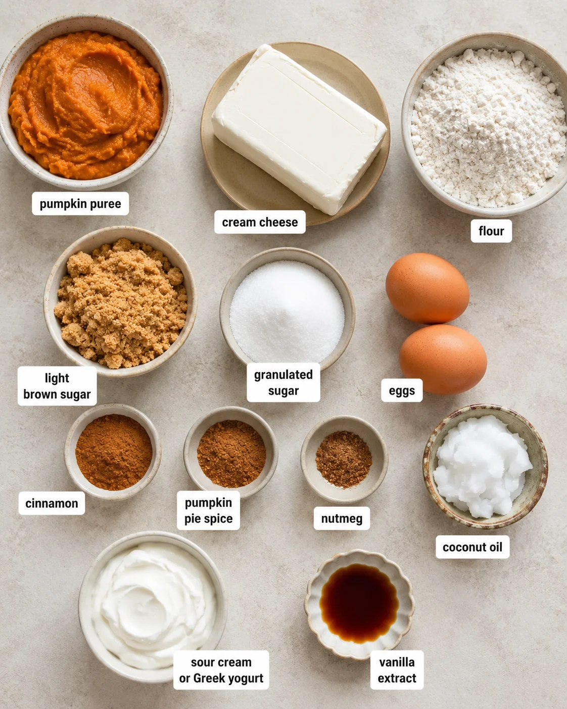 Top-down arrangement of labeled ingredients including pumpkin puree, cream cheese, flour, sugars, eggs and spices